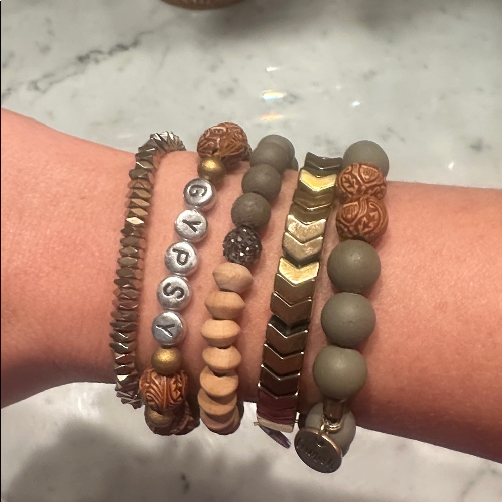 Erimish Olive Green and Gold Mixed Bead Bracelet Stack
